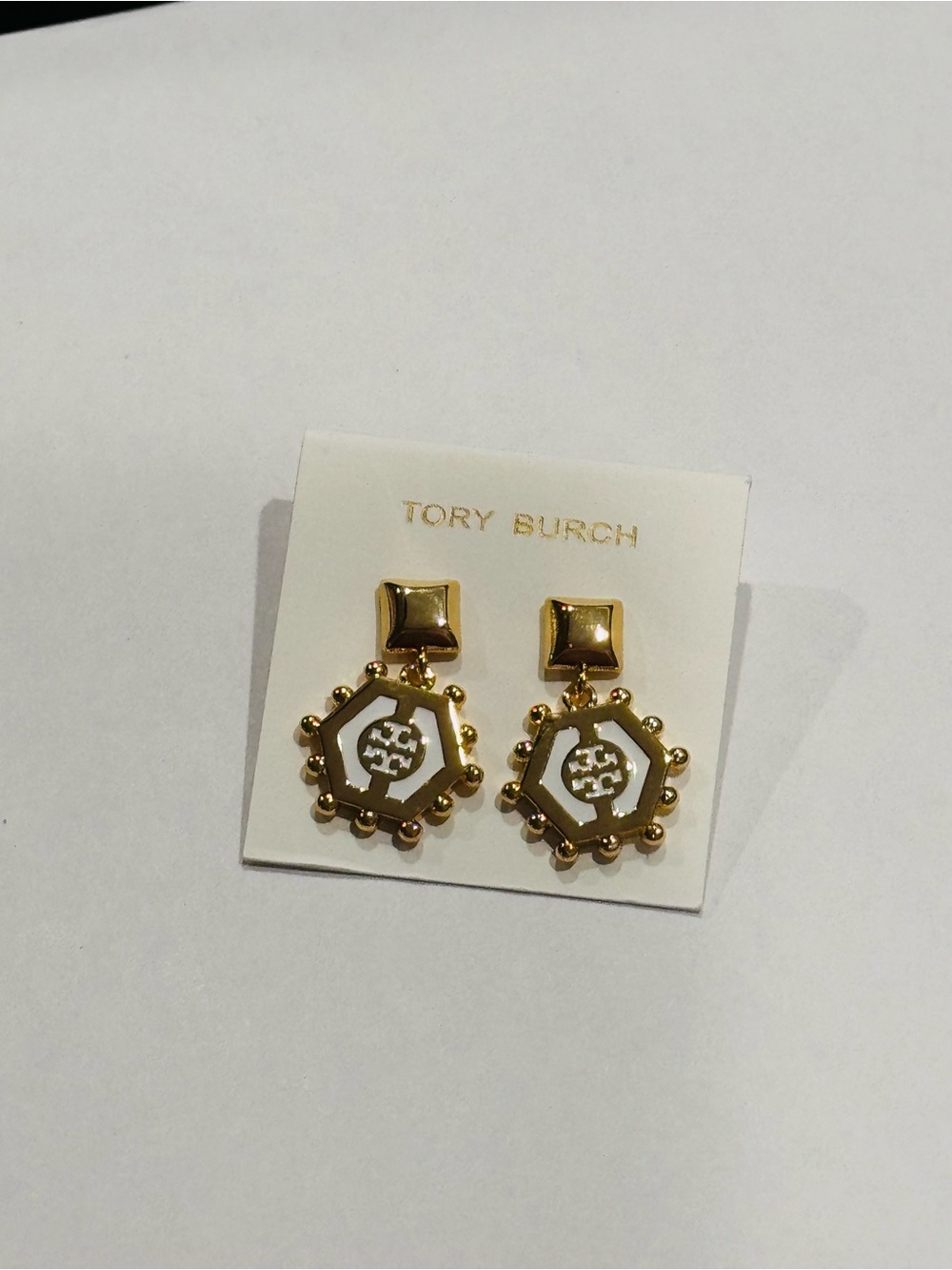 NWT Tory Burch Gold White Hexagon Enamel Logo Drop Earrings  1.5”